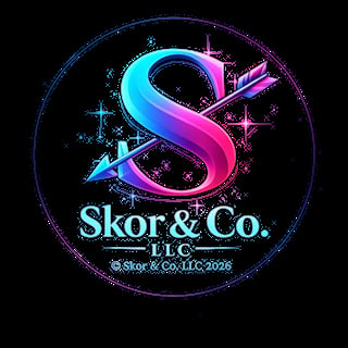 Skor & Co. LLC logo featuring a neon glowing letter S with cyan and magenta gradient, surrounded by sparkles and a circular border